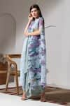 Shop_PREETI MEHTA_Blue Lurex Chinon In 60% Printed Bloom Boat Neck Kaftan And Dhoti Pant Set _Online_at_Aza_Fashions