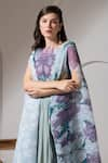 PREETI MEHTA_Blue Lurex Chinon In 60% Printed Bloom Boat Neck Kaftan And Dhoti Pant Set _at_Aza_Fashions