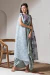 Buy_PREETI MEHTA_Blue Lurex Chinon In 60% Printed Bloom Boat Neck Kaftan And Dhoti Pant Set 