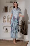 Buy_PREETI MEHTA_Blue Lurex, Polyester Pearls Boat Neck Printed Kaftan And Palazzo Set _at_Aza_Fashions
