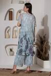 Shop_PREETI MEHTA_Blue Lurex, Polyester Pearls Boat Neck Printed Kaftan And Palazzo Set _at_Aza_Fashions
