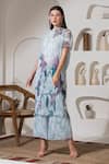 PREETI MEHTA_Blue Lurex, Polyester Pearls Boat Neck Printed Kaftan And Palazzo Set _Online_at_Aza_Fashions