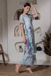 PREETI MEHTA_Blue Lurex, Polyester Pearls Boat Neck Printed Kaftan And Palazzo Set _at_Aza_Fashions