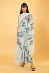 Buy_PREETI MEHTA_Blue Lurex Chinon In 60% Printed Floral Round High Neck Draped Jumpsuit _at_Aza_Fashions