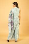 Shop_PREETI MEHTA_Blue Lurex Chinon In 60% Printed Floral Round High Neck Draped Jumpsuit _at_Aza_Fashions