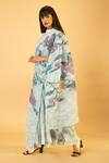 PREETI MEHTA_Blue Lurex Chinon In 60% Printed Floral Round High Neck Draped Jumpsuit _Online_at_Aza_Fashions