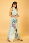 Buy_PREETI MEHTA_Blue Lurex Chinon In 60% Printed Floral Round High Neck Draped Jumpsuit _Online_at_Aza_Fashions