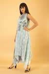 Shop_PREETI MEHTA_Blue Lurex, Polyester Pearls, Embroidery Botanical Print Kaftan And Palazzo Set _Online_at_Aza_Fashions