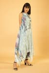 PREETI MEHTA_Blue Lurex, Polyester Pearls, Embroidery Botanical Print Kaftan And Palazzo Set _at_Aza_Fashions