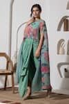 Buy_PREETI MEHTA_Green Lurex Chinon In 60% Printed Floral Boat Neck Kaftan And Dhoti Skirt Set _at_Aza_Fashions