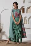 Buy_PREETI MEHTA_Green Lurex Chinon In 60% Printed Floral Boat Neck Kaftan And Dhoti Skirt Set _Online_at_Aza_Fashions