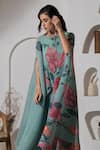 PREETI MEHTA_Green Lurex Chinon In 60% Printed Floral Boat Neck Kaftan And Pant Set _Online_at_Aza_Fashions