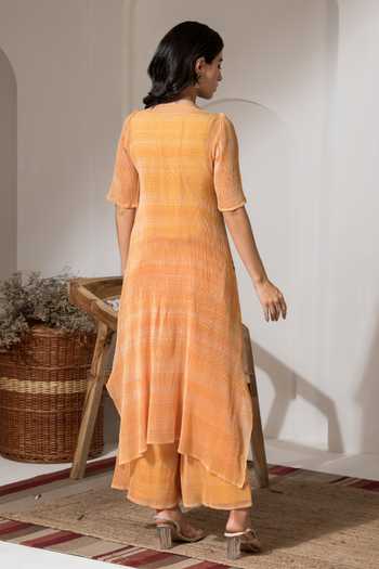 Shop_Preeti Mehta_Yellow Lurex, Polyester Embroidery Split Floral Bloom Pattern Kurta With Palazzo _at_Aza_Fashions