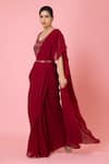 PREETI MEHTA_Red Georgette In 60% Viscose And 40% Polyester Pre-draped Pleated Saree With Work_Online_at_Aza_Fashions