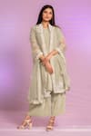 Shop_Preeti Mehta_Green Satin, Polyester, Organza Embroidery Round Pleated Plain Kurta Palazzo Set _at_Aza_Fashions