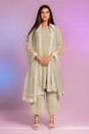 Buy_Preeti Mehta_Green Satin, Polyester, Organza Embroidery Round Pleated Plain Kurta Palazzo Set _Online_at_Aza_Fashions