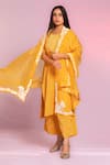 Shop_PREETI MEHTA_Yellow Pleated Satin Polyester Organza Placement Kurta Set With Flower Dupatta _at_Aza_Fashions