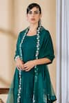 Shop_PREETI MEHTA_Green Pleated Satin Polyester Placement Kurta Set With Flower Pearl Dupatta _at_Aza_Fashions