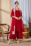 Buy_PREETI MEHTA_Red Pleated Satin Polyester Placement Embroidery Kurta Set With Floret Dupatta _at_Aza_Fashions