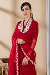 PREETI MEHTA_Red Pleated Satin Polyester Placement Embroidery Kurta Set With Floret Dupatta _Online_at_Aza_Fashions