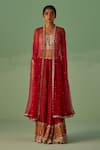 Surbhi Gupta_Red Cape Organza Print Mirror Placement Embellished Sharara Set  _Online_at_Aza_Fashions