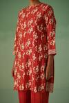 Surbhi Gupta_Red Kurta Bamboo Silk Print Abstract Round Neck With Trouser  _at_Aza_Fashions