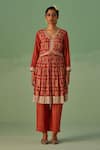 Buy_Surbhi Gupta_Red Kurta Bamboo Silk Print Quatrefoil V Short Anarkali With Trouser  _at_Aza_Fashions