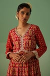 Shop_Surbhi Gupta_Red Kurta Bamboo Silk Print Quatrefoil V Short Anarkali With Trouser  _Online_at_Aza_Fashions