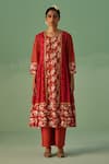 Buy_Surbhi Gupta_Red Kurta Bamboo Silk Print Abstract Round Neck A Line With Trouser _at_Aza_Fashions