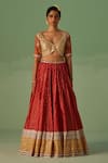 Surbhi Gupta_Red Blouse And Lehenga - Bamboo Silk Print Chevron V Neck Set _Online_at_Aza_Fashions