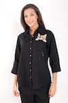 Buy_Linen Bloom_Black 100% Linen Embroidery Kitten Collar Shirt _Online_at_Aza_Fashions