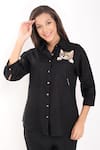 Shop_Linen Bloom_Black 100% Linen Embroidery Kitten Collar Shirt _Online_at_Aza_Fashions