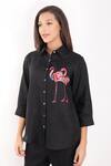 Shop Linen Bloom Black Linen Embroidery Collared Flamingo Shirt Online at Aza Fashions Shop_Linen Bloom_Black Linen Embroidery Collared Flamingo Shirt _Online_at_Aza_Fashions
