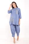 Buy_Linen Bloom_Blue Linen Embroidery Mandarin Collar Zari Dandelion Long Shirt _at_Aza_Fashions