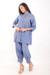 Linen Bloom_Blue Linen Embroidery Mandarin Collar Zari Dandelion Long Shirt _Online_at_Aza_Fashions