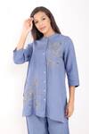 Buy_Linen Bloom_Blue Linen Embroidery Mandarin Collar Zari Dandelion Long Shirt _Online_at_Aza_Fashions
