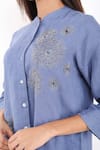 Linen Bloom_Blue Linen Embroidery Mandarin Collar Zari Dandelion Long Shirt _at_Aza_Fashions