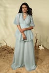 Buy_PIRI INDIA_Blue Georgette 3d Embroidered Beads V Neck Inara Cape And Palazzo Set  _at_Aza_Fashions