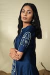 PIRI INDIA_Blue Chanderi 3d Embroidered Beads Notched Suha Kurta And Palazzo Set  _at_Aza_Fashions