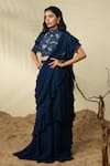 Buy_PIRI INDIA_Blue Chanderi 3d Embroidered Rue Pre-draped Ruffle Saree With Blouse _at_Aza_Fashions