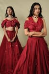 PIRI INDIA_Red Satin Organza 3d Embroidered Beads V Rida Blouse And Lehenga Set  _Online_at_Aza_Fashions