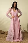 Buy_PIRI INDIA_Pink Organza 3d Embroidered Beads Jumpsuit V Shelly With Overcoat _at_Aza_Fashions