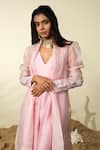 PIRI INDIA_Pink Organza 3d Embroidered Beads Jumpsuit V Shelly With Overcoat _Online_at_Aza_Fashions