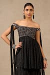 Tarun Tahiliani_Black Crinkle Embroidered Sequin Off Shoulder Neck Yoke Kurta And Sharara Set _Online_at_Aza_Fashions