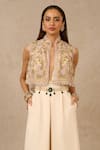 Tarun Tahiliani_Ivory Tulle Embroidered And Embellished Gara High Neck Collar Thread Gillet _Online_at_Aza_Fashions