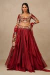 Buy_Tarun Tahiliani_Maroon Lehenga And Scarf Shot Organza Embroidered Gara Blouse Ruffle Set _at_Aza_Fashions