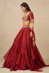 Buy_Tarun Tahiliani_Maroon Lehenga And Scarf Shot Organza Embroidered Gara Blouse Ruffle Set _Online_at_Aza_Fashions