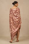 Shop_Tarun Tahiliani_Wine Foil Jersey Printed And Embroidered Botanical Boat Cowl Draped Dress _at_Aza_Fashions