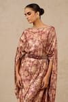 Buy_Tarun Tahiliani_Wine Foil Jersey Printed And Embroidered Botanical Boat Cowl Draped Dress _Online_at_Aza_Fashions