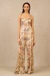 Buy_Tarun Tahiliani_Multi Color Foil Jersey Printed And Embellished Vintage Cowl Flared Jumpsuit _at_Aza_Fashions